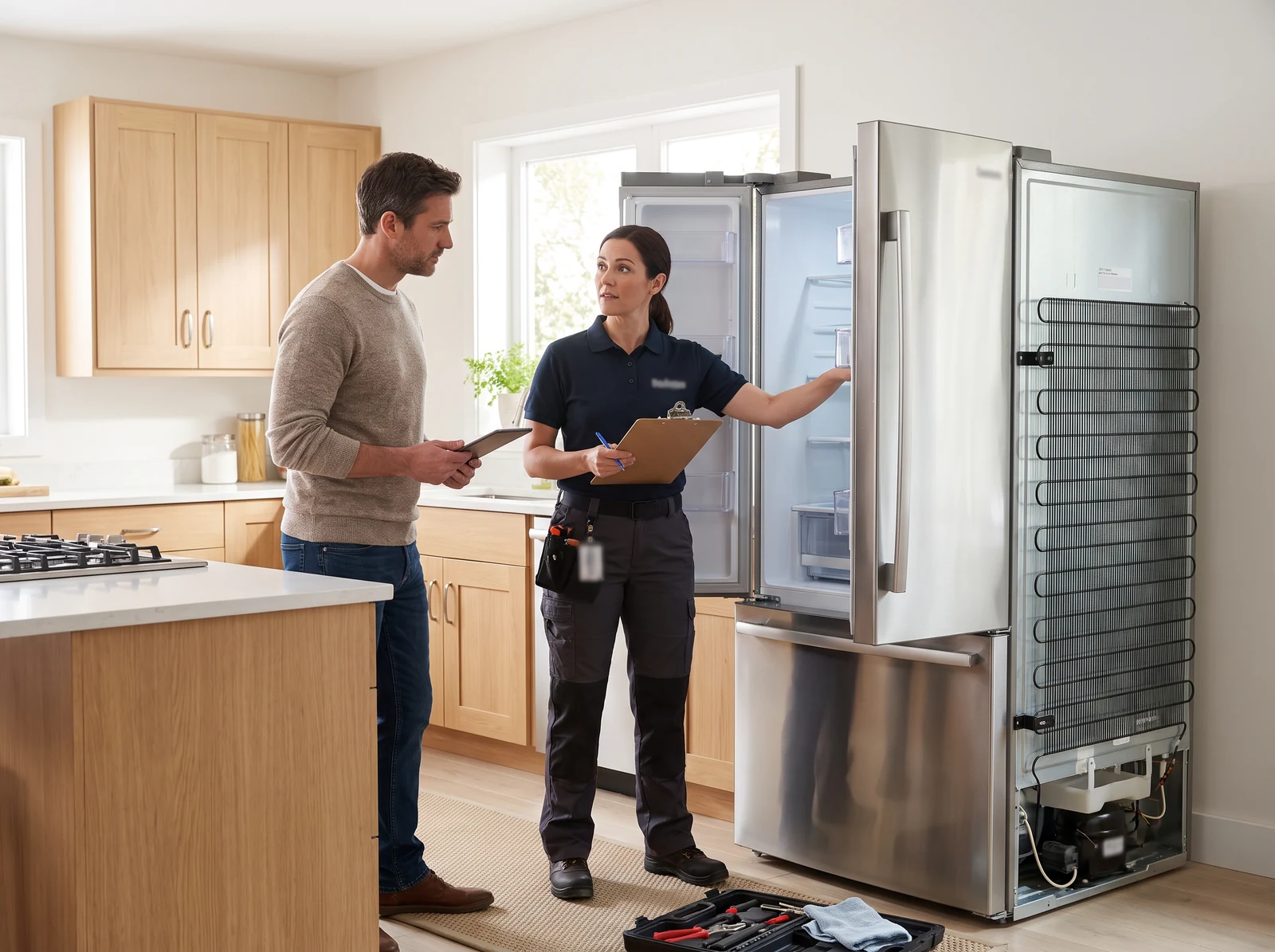 A refrigerator in a bright home kitchen